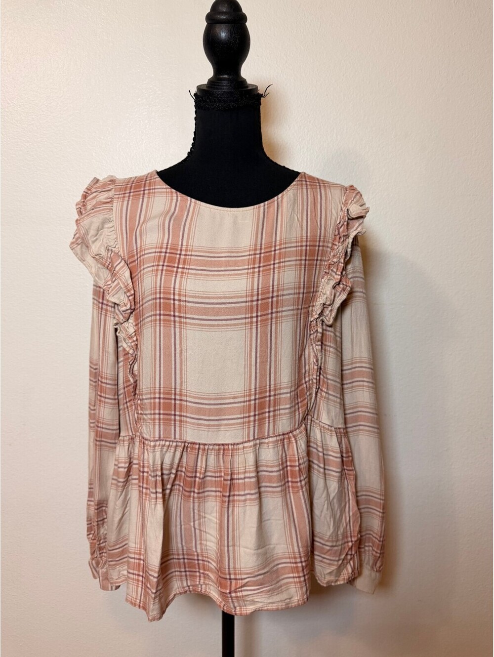 LOFT Cream Plaid Ruffle Peplum Top L Fall